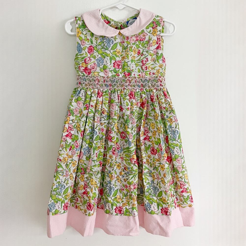 Vintage Carriage Boutiques Floral Smocked Collar Girls' Dress in Pink & Green